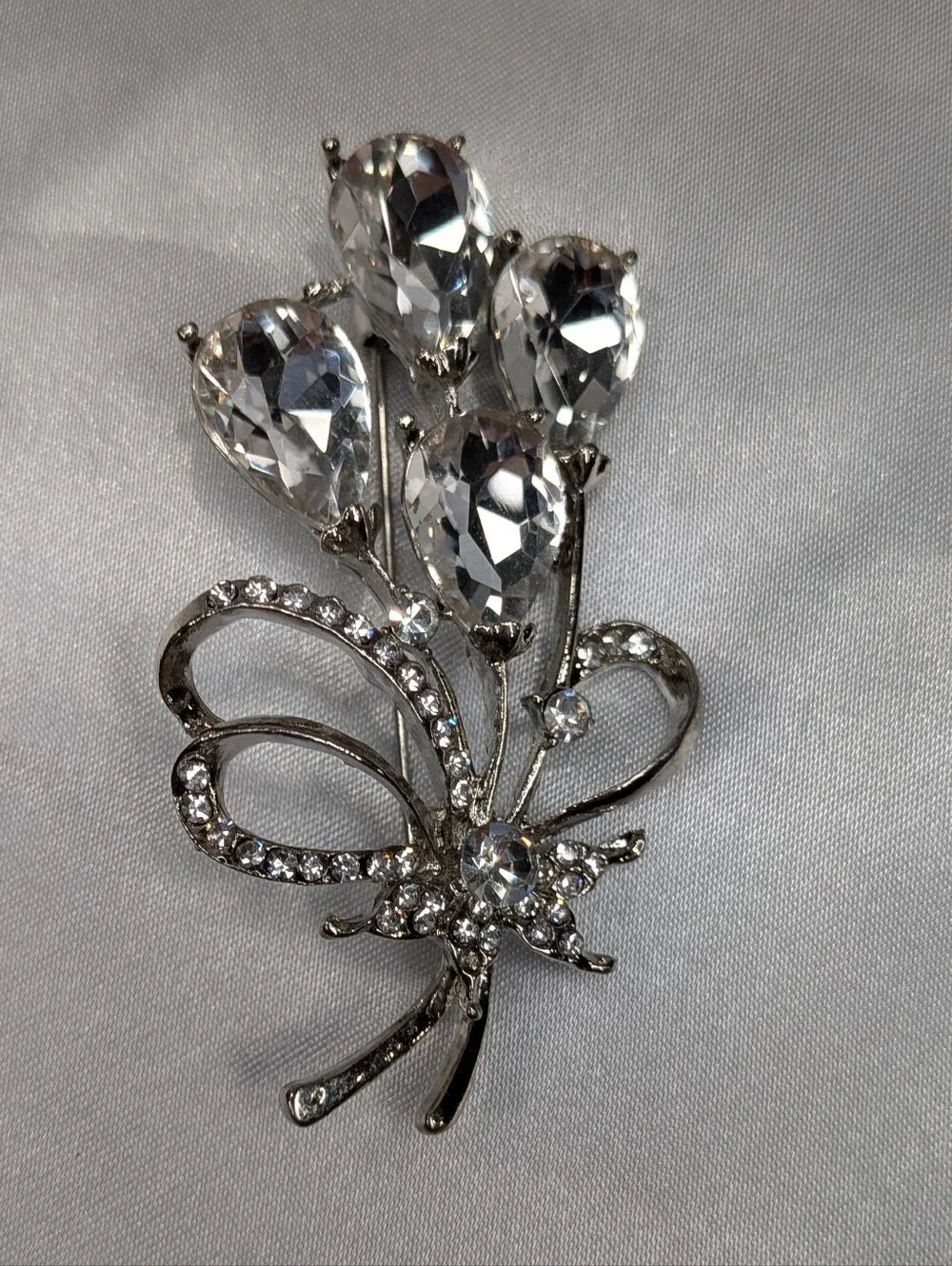 Silver Tone Clear Rhinestone Flower Bouquet Brooch Pin Pear Cut Crystal Bow